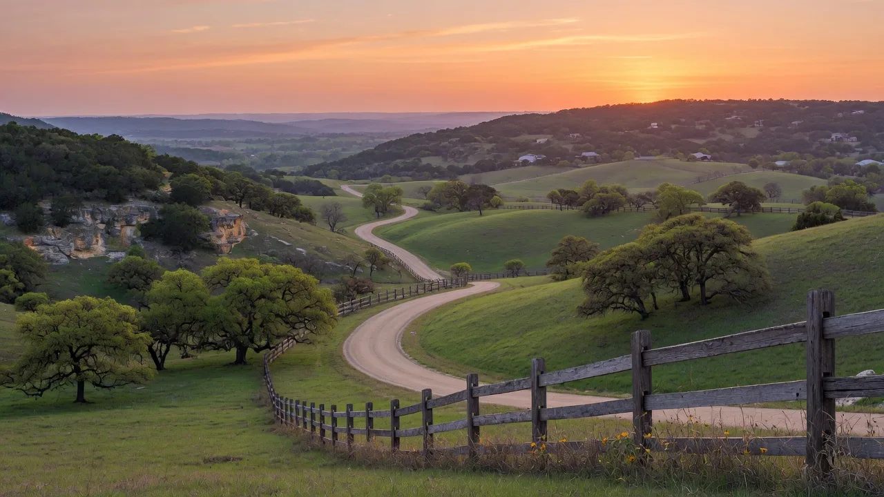 Texas Hill Country landscape near Boerne and Fair Oaks Ranch with rolling hills and live oaks