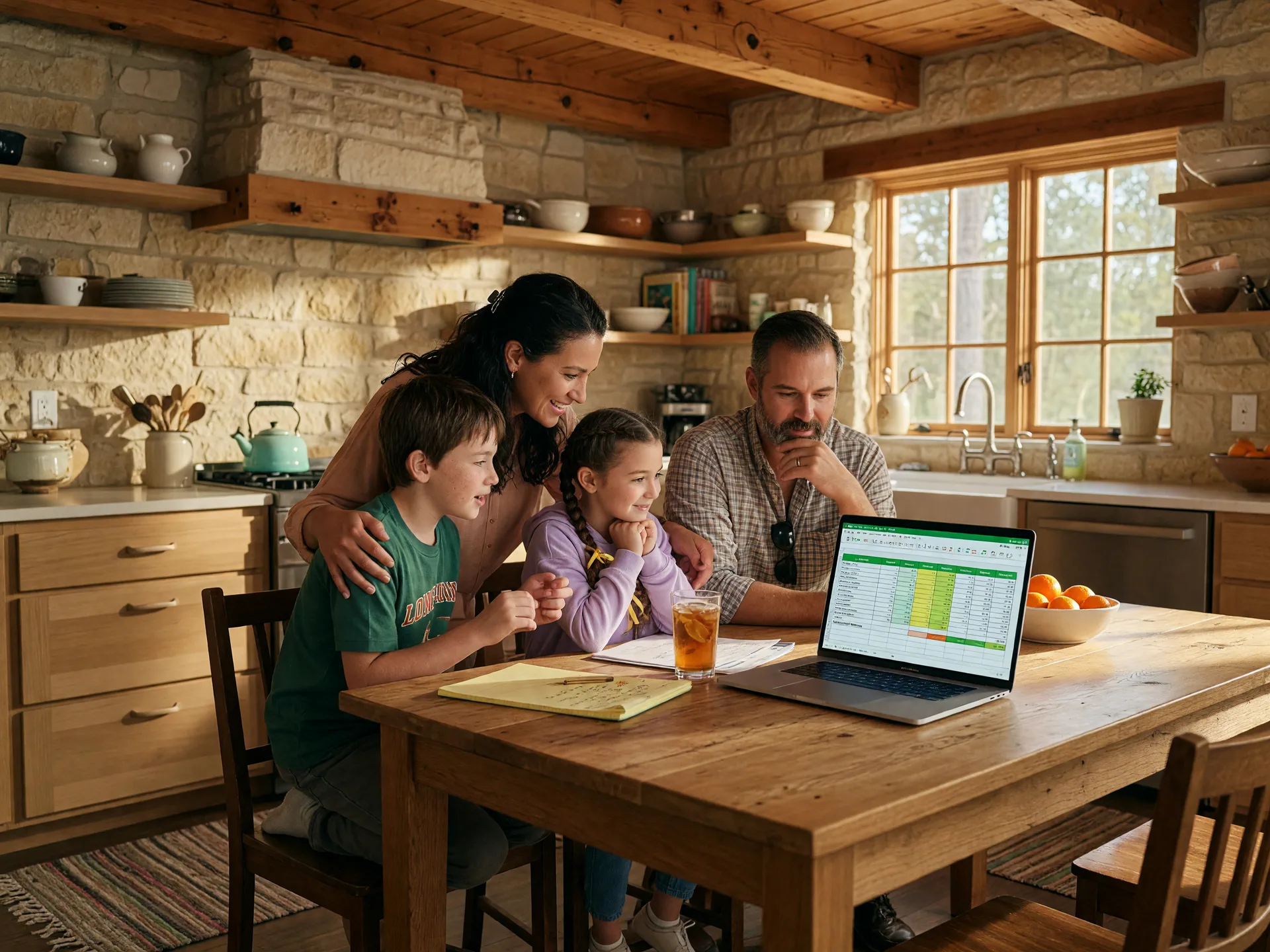 Family of four sitting at a kitchen table looking at a budget spreadsheet on a laptop, warm afternoon light, Texas Hill Country home with wood beams and stone accents