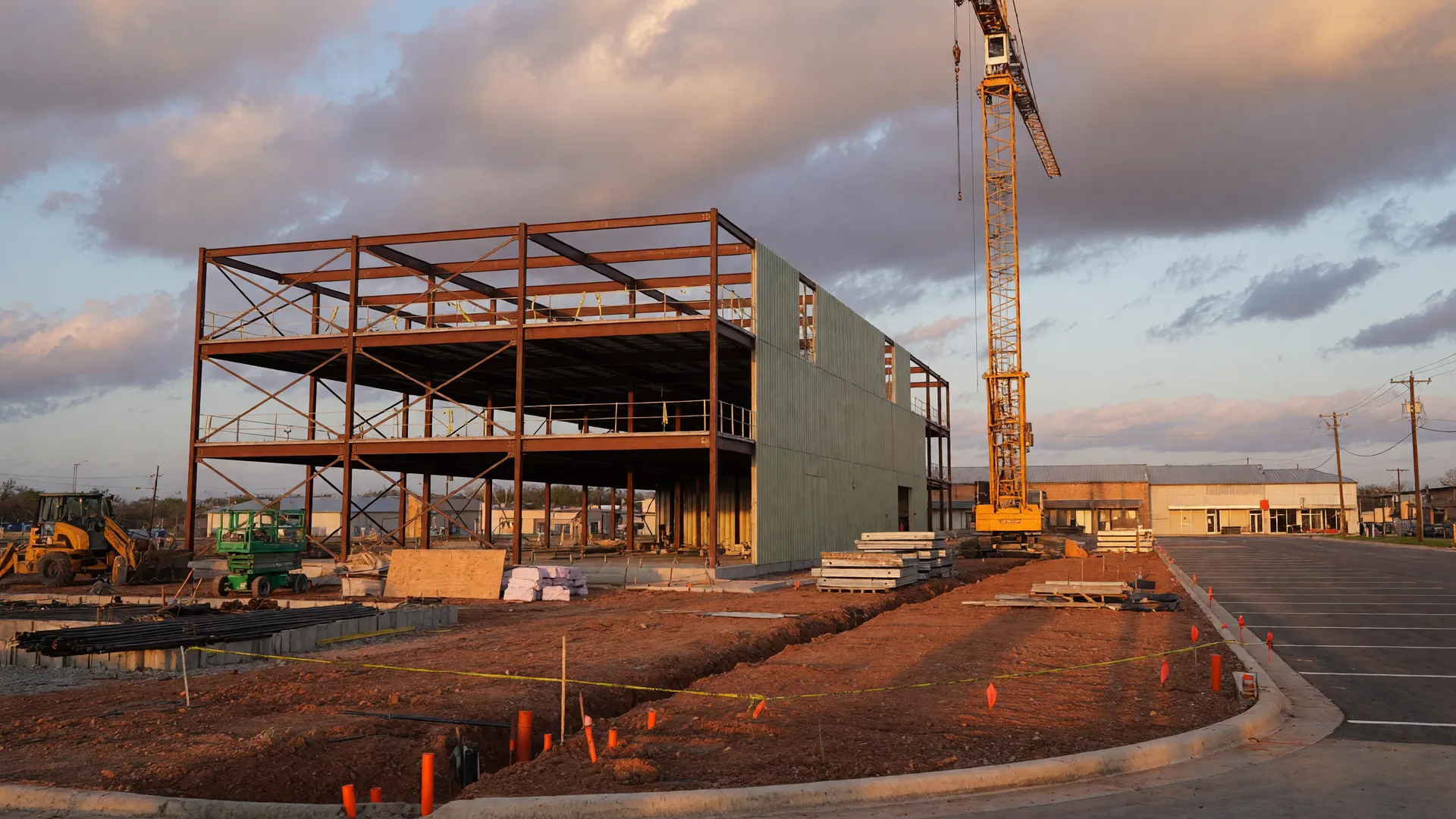 Steel-frame commercial building under construction in a small Texas town commercial corridor with a tower crane and cleared land under late afternoon sky
