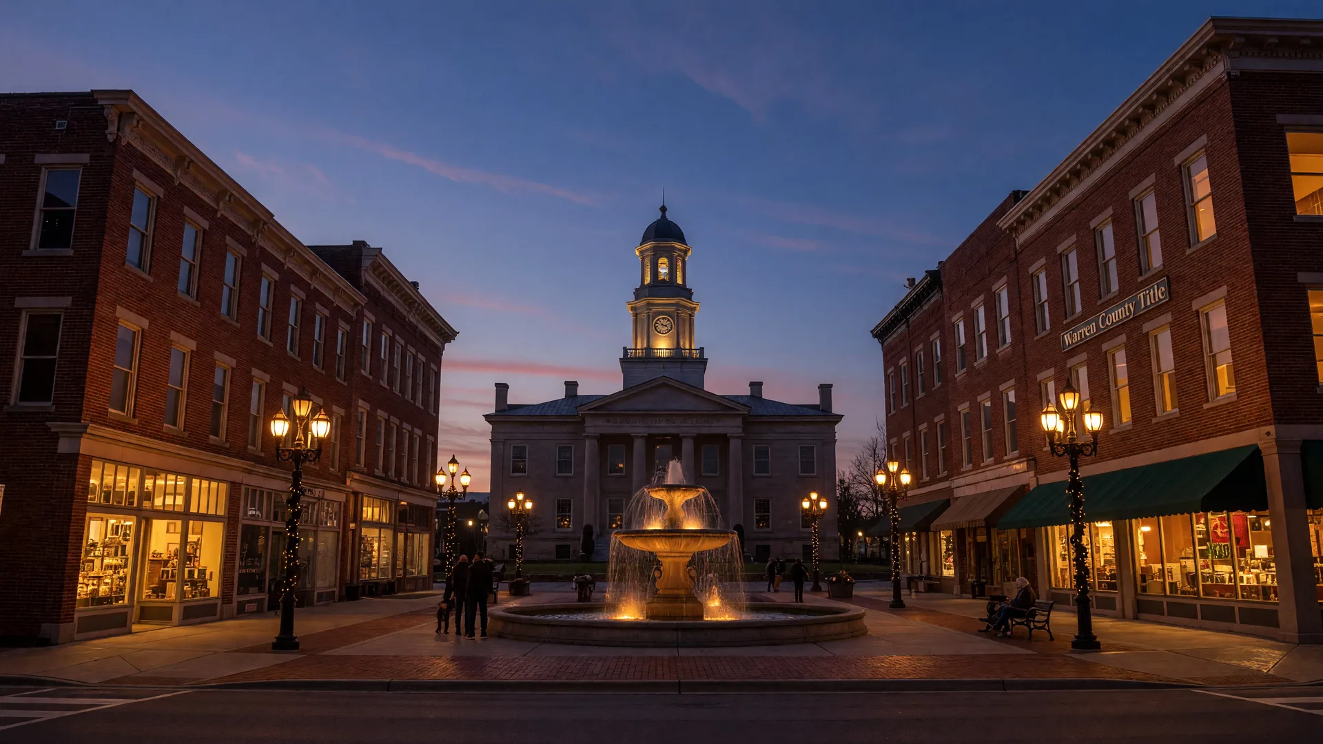 Historic red-brick storefronts around Fountain Square Park in downtown Bowling Green at dusk