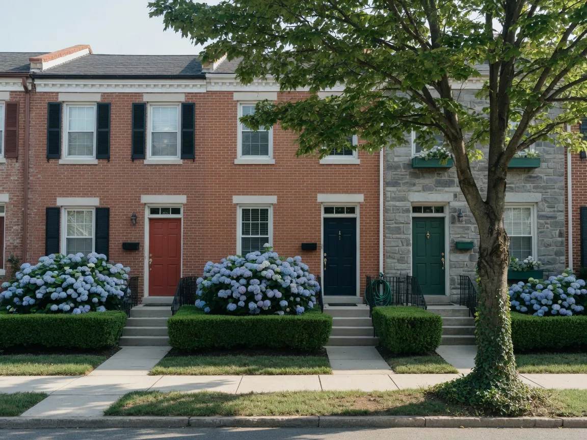 A friendly street of brick and stone townhomes in a suburban Maryland neighborhood