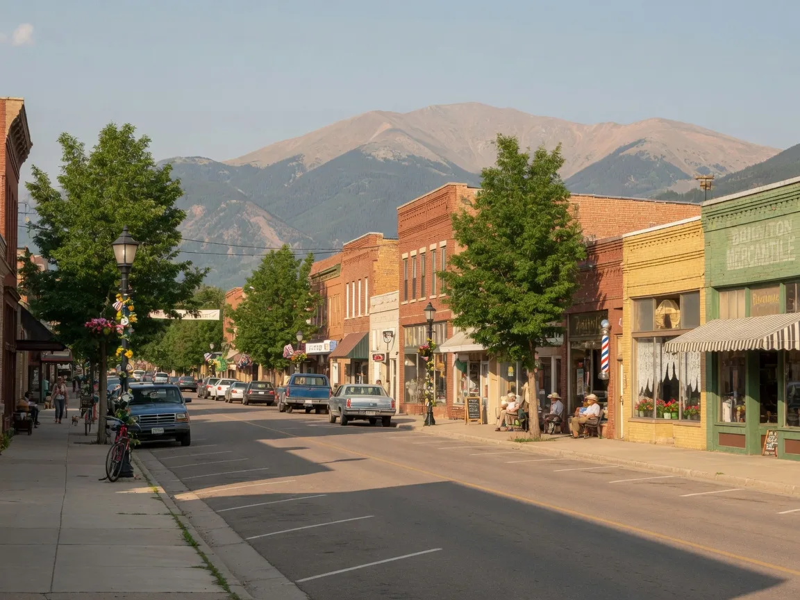 Historic downtown Brighton Colorado on Bridge Street with local businesses and mountain backdrop