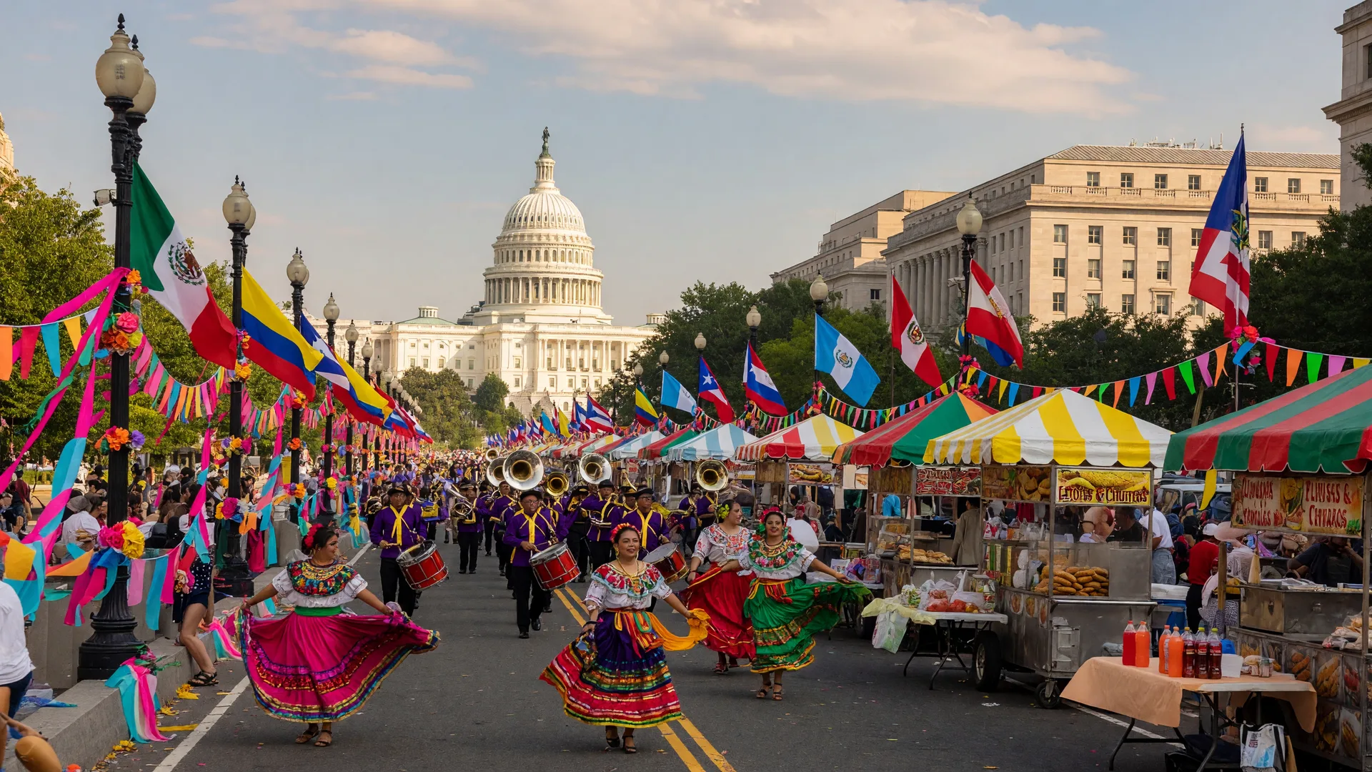 Colorful Fiesta DC celebration on Pennsylvania Avenue NW in Washington DC with Latin American flags and bunting strung between lamp posts, musicians marching and dancers in bright traditional costume with the US Capitol dome in the background on a warm late-September morning