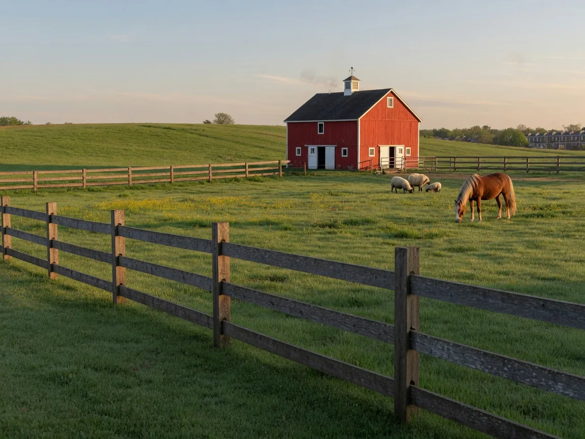 Rolling green pastures and a red barn at Fox Chase Farm, a working educational farm in Northeast Philadelphia