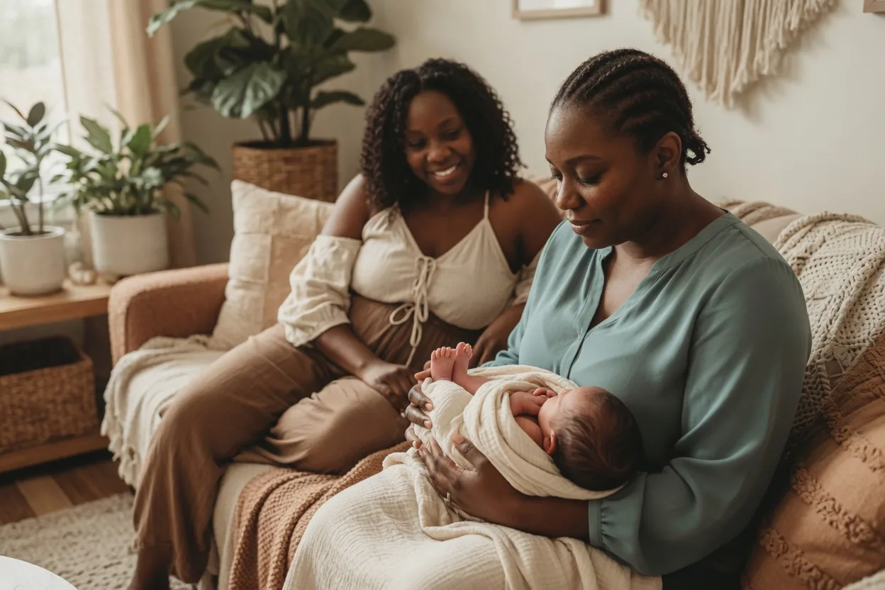 A Black mother's hands cradling a newborn's tiny feet wrapped in an ivory knit blanket