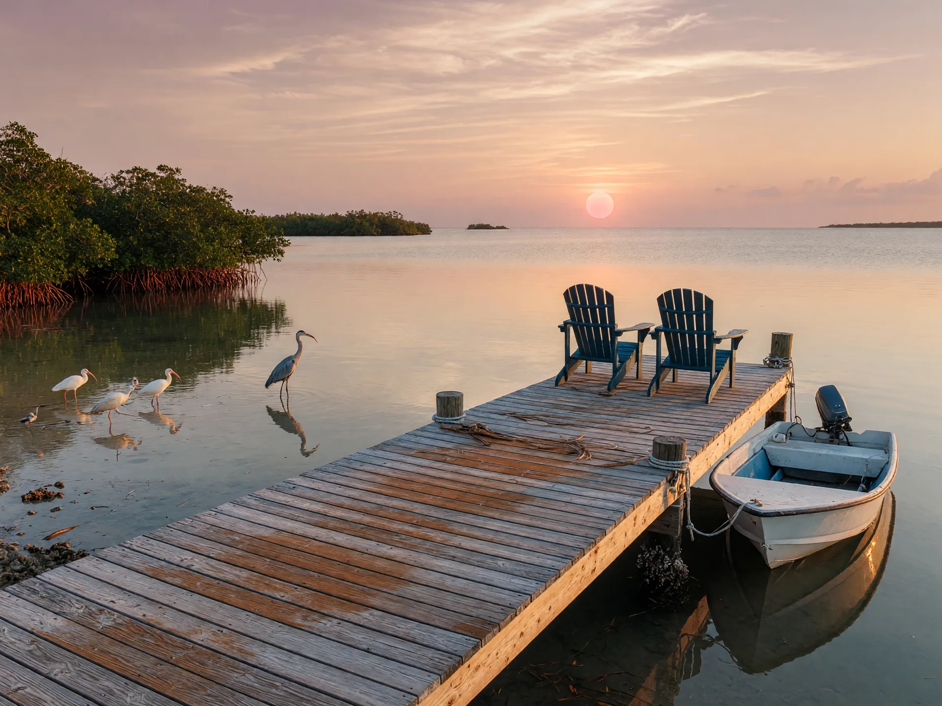 A west-facing Florida Keys dock at sunset, two Adirondack chairs at the end of a long wooden dock overlooking calm open water, a small skiff moored alongside, the sun setting in a champagne and rose sky over the bay, wading birds at the mangrove shoreline
