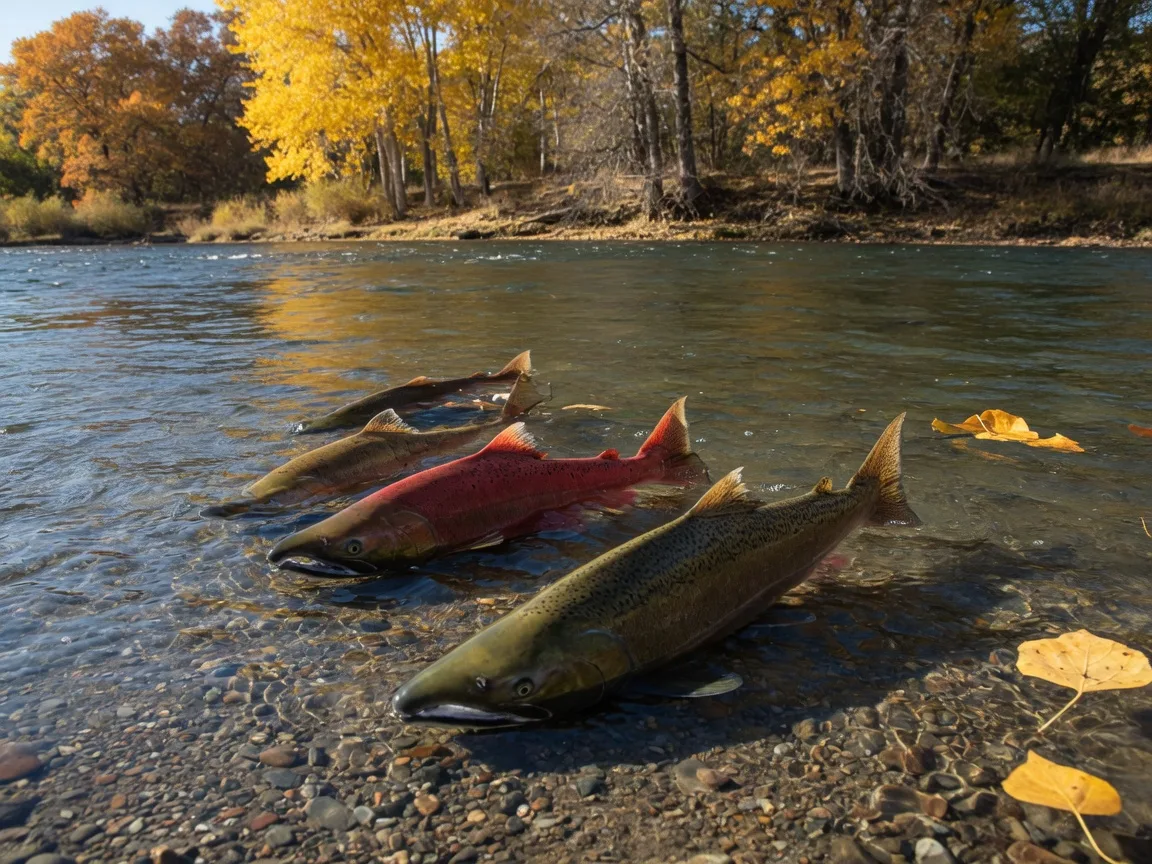 Fall-run Chinook salmon spawning in a clear shallow riffle of the Merced River in late October, large olive-green and reddish fish visible through the clean water over rounded river gravel, golden cottonwood leaves drifting on the surface, oak and cottonwood trees turning gold on the banks