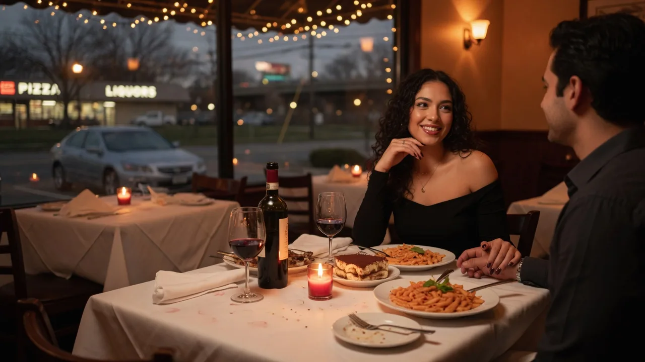 Romantic dinner table for two with candlelight and string lights