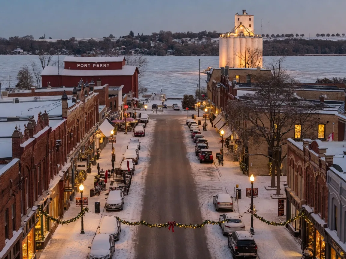 Port Perry's heritage Queen Street on a snowy December evening, brick storefronts with festive lights and warm window light leading toward the grain elevator above the frozen lake