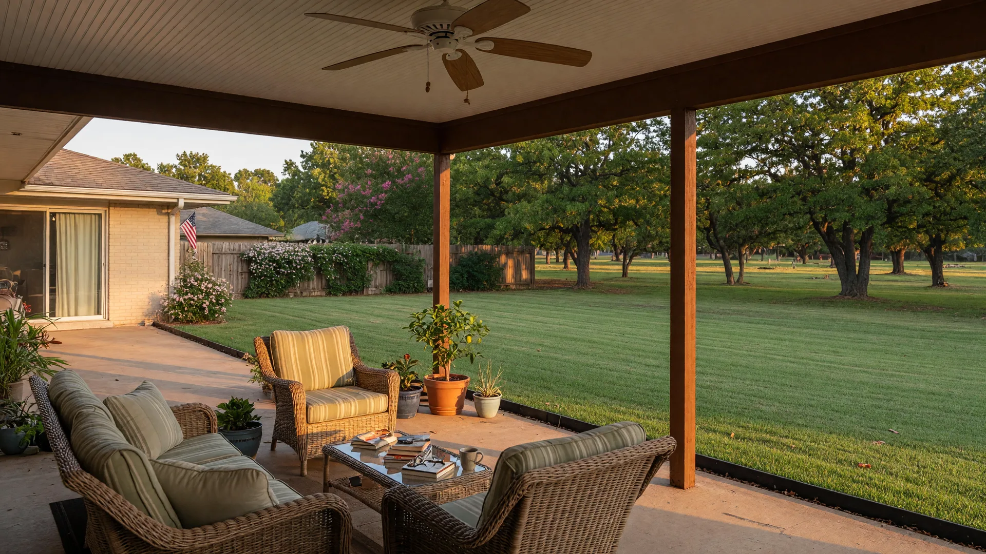 Covered backyard patio of a single-level Oklahoma home with comfortable seating overlooking a manicured lawn and a tree-lined greenbelt
