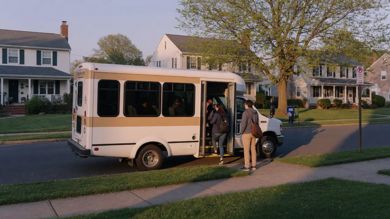 Free municipal commuter jitney shuttle at a suburban pickup stop in West Orange NJ on an early morning, commuters boarding, colonial homes and mature trees along the street