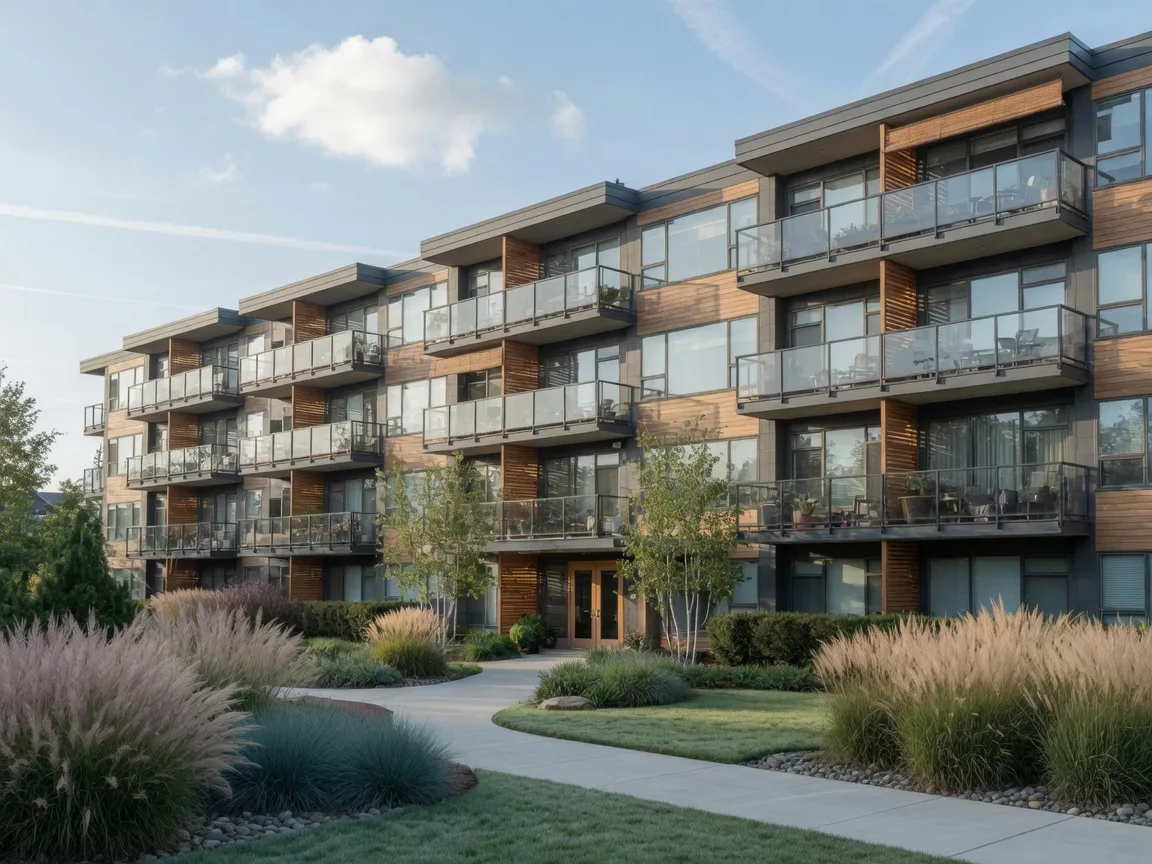 Modern mid-rise condominium building exterior with glass balconies
