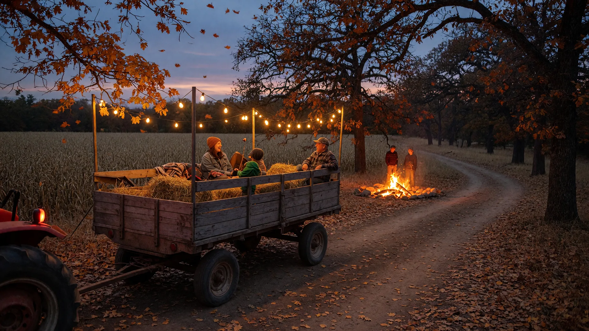 A hay wagon heading out to a bonfire at dusk during the autumn hayrides in Blue Bell, Pennsylvania