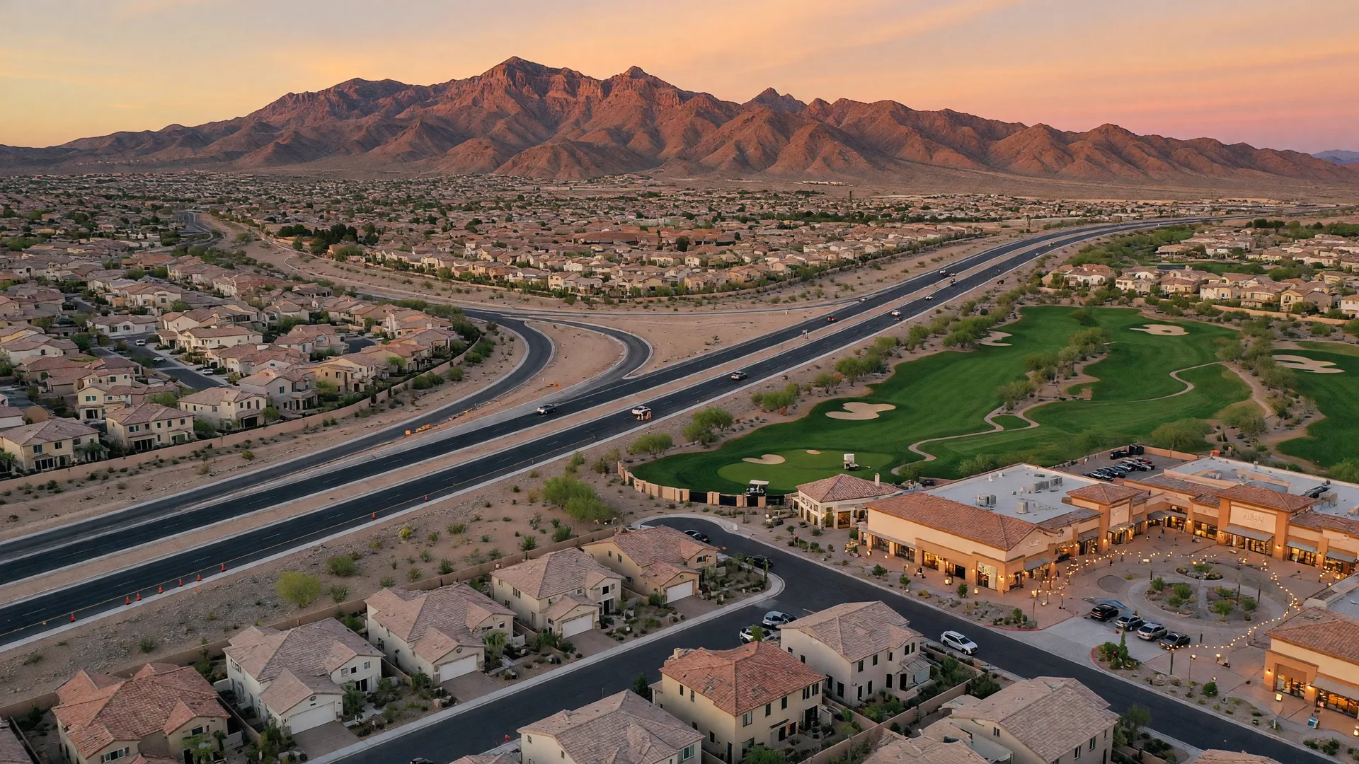 Aerial late-October golden-hour view of Southwest Las Vegas master-planned communities, a golf course, the widened 215 Beltway with fresh interchanges, and a glowing retail plaza with the Spring Mountains beyond