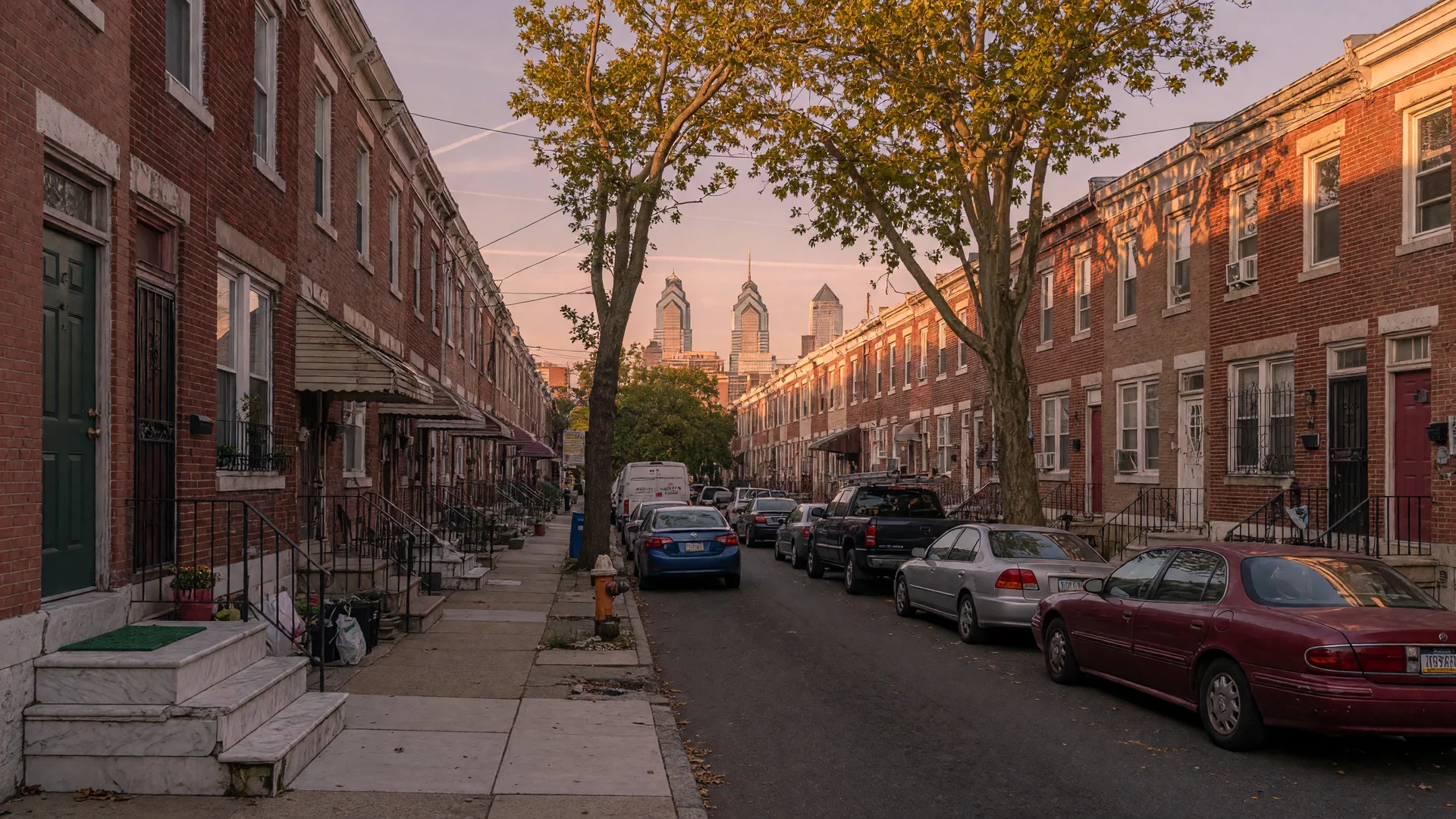 A Philadelphia rowhome street at golden hour with the Center City skyline beyond