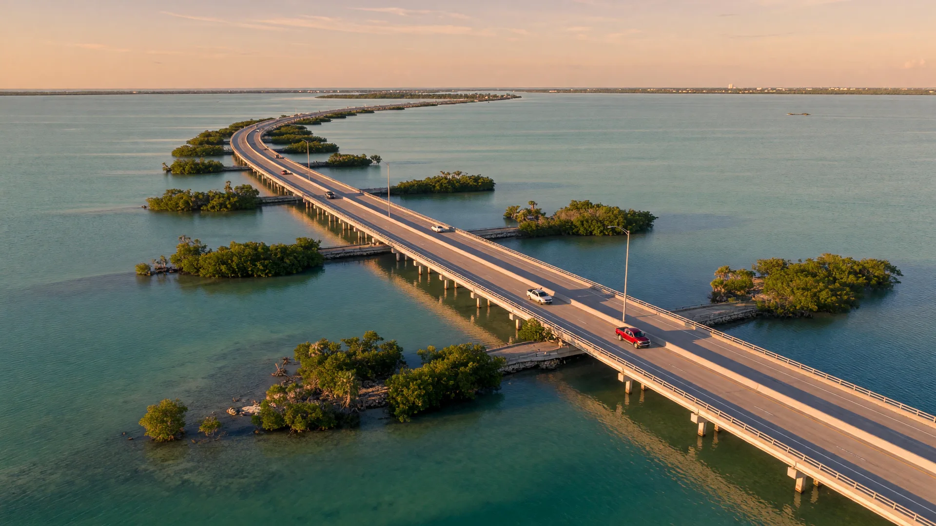 High aerial view of the Overseas Highway in the Florida Keys at golden hour, a long low bridge causeway crossing a chain of small green mangrove islands over crystal-clear turquoise water