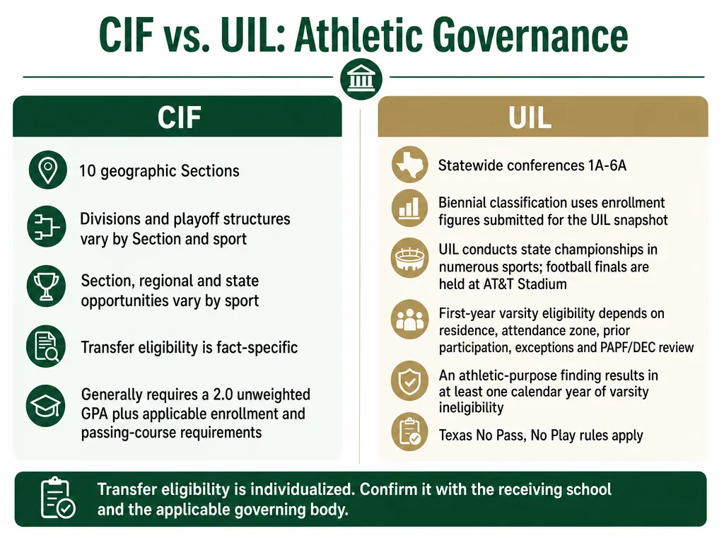 Comparison of CIF and UIL athletic governance structure, classifications, transfer rules and eligibility requirements