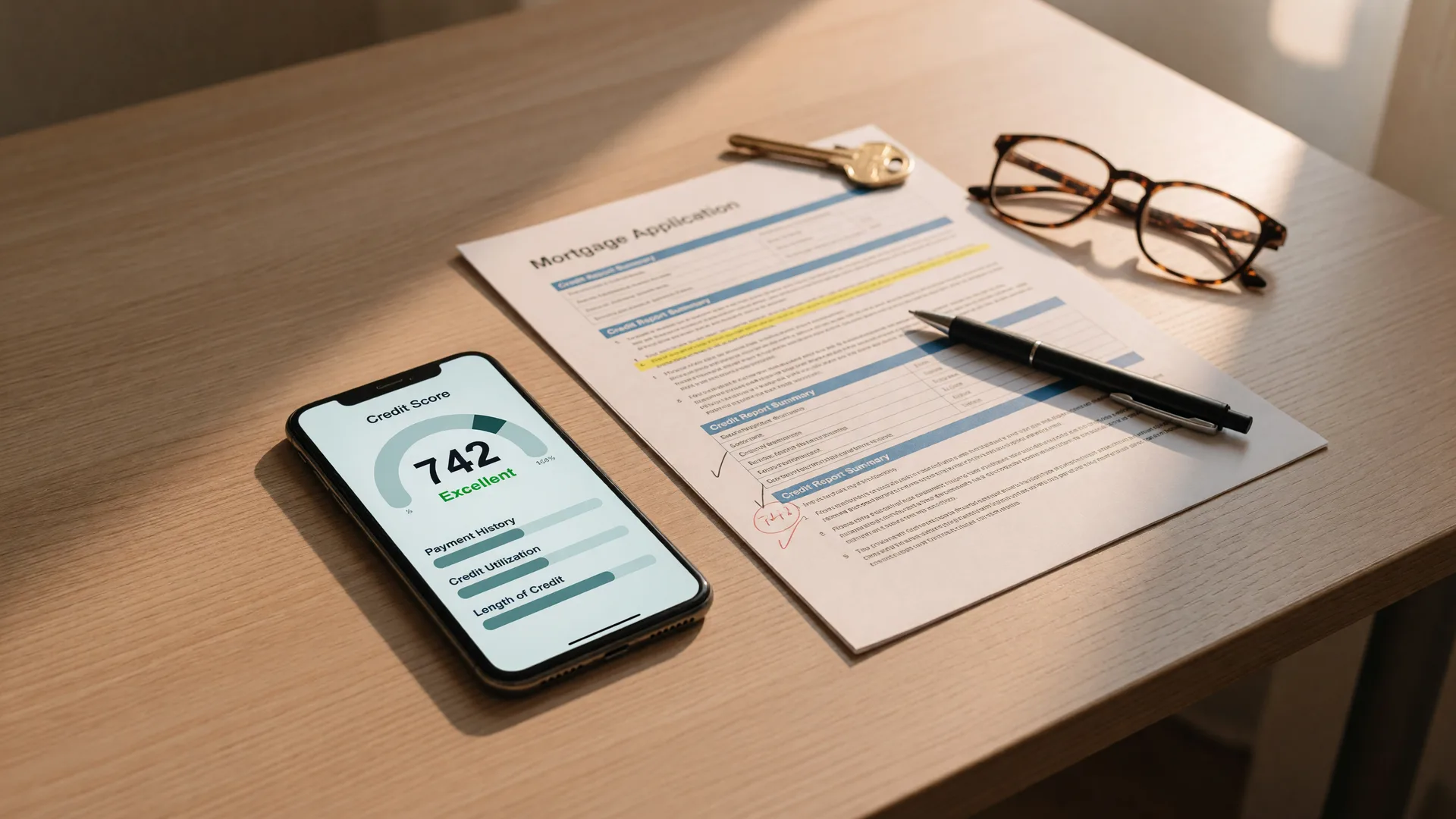 A smartphone on a light oak desk showing a credit score app with a circular gauge beside a mortgage application, a pen, reading glasses and a brass house key in warm morning light