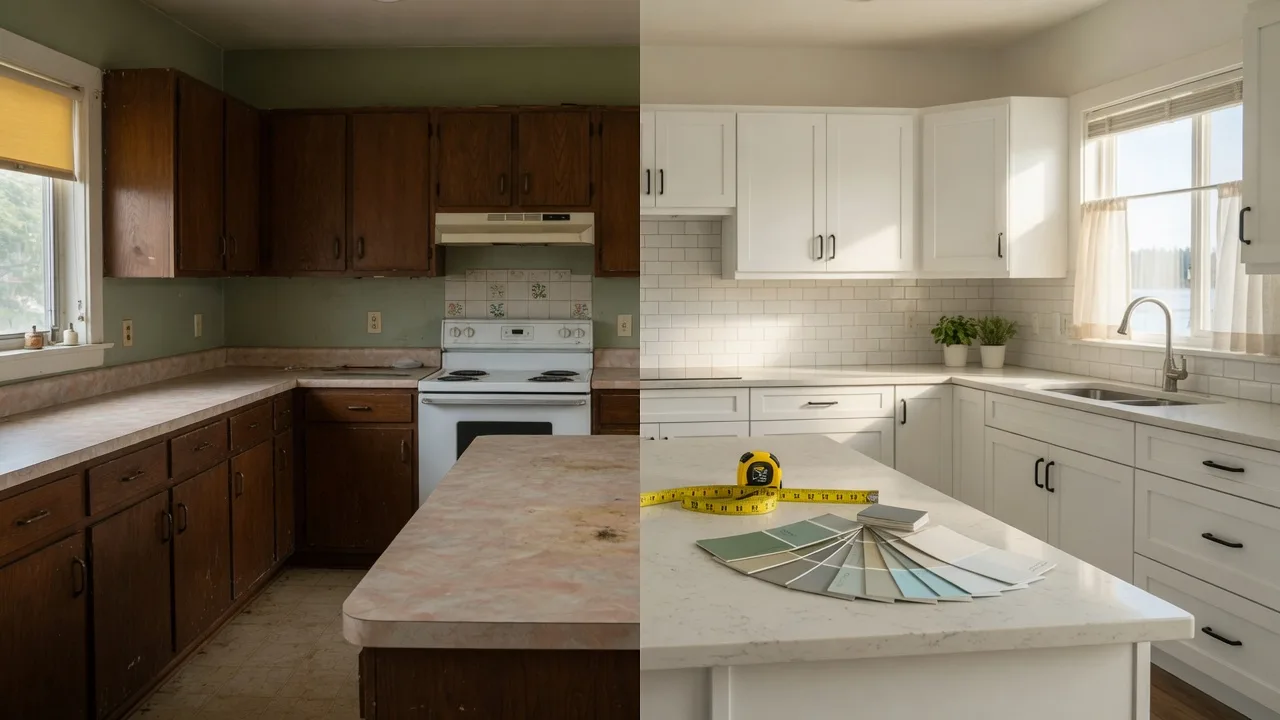 A before-and-after comparison of an outdated Victoria kitchen and a modern refreshed kitchen renovation