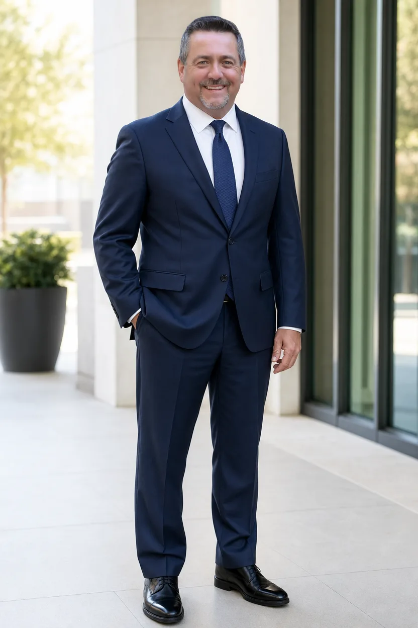 Professional full-body portrait of a real estate agent in business attire