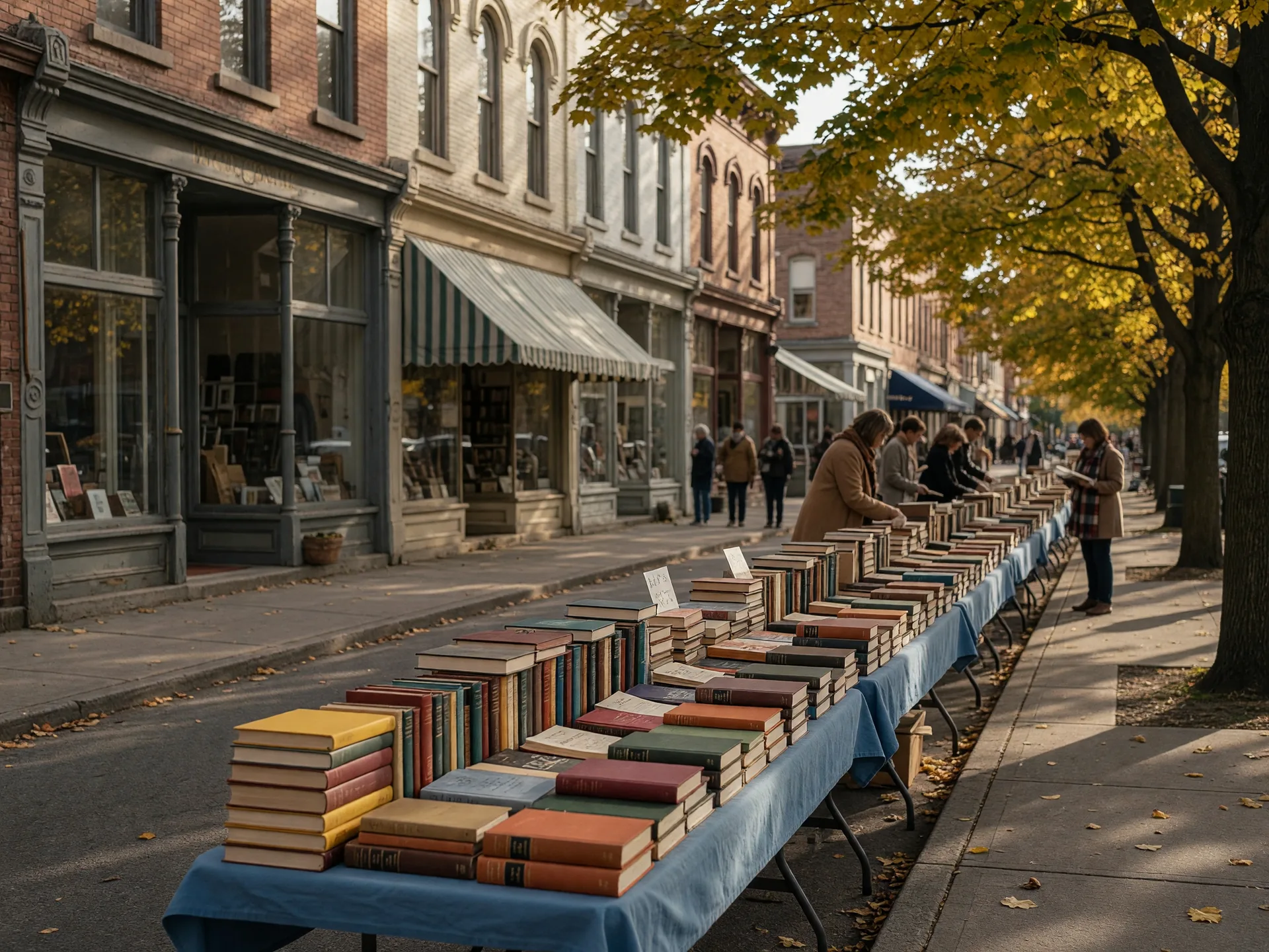 Long tables of colorful books along a tree-lined small-town avenue under the beginning of fall color