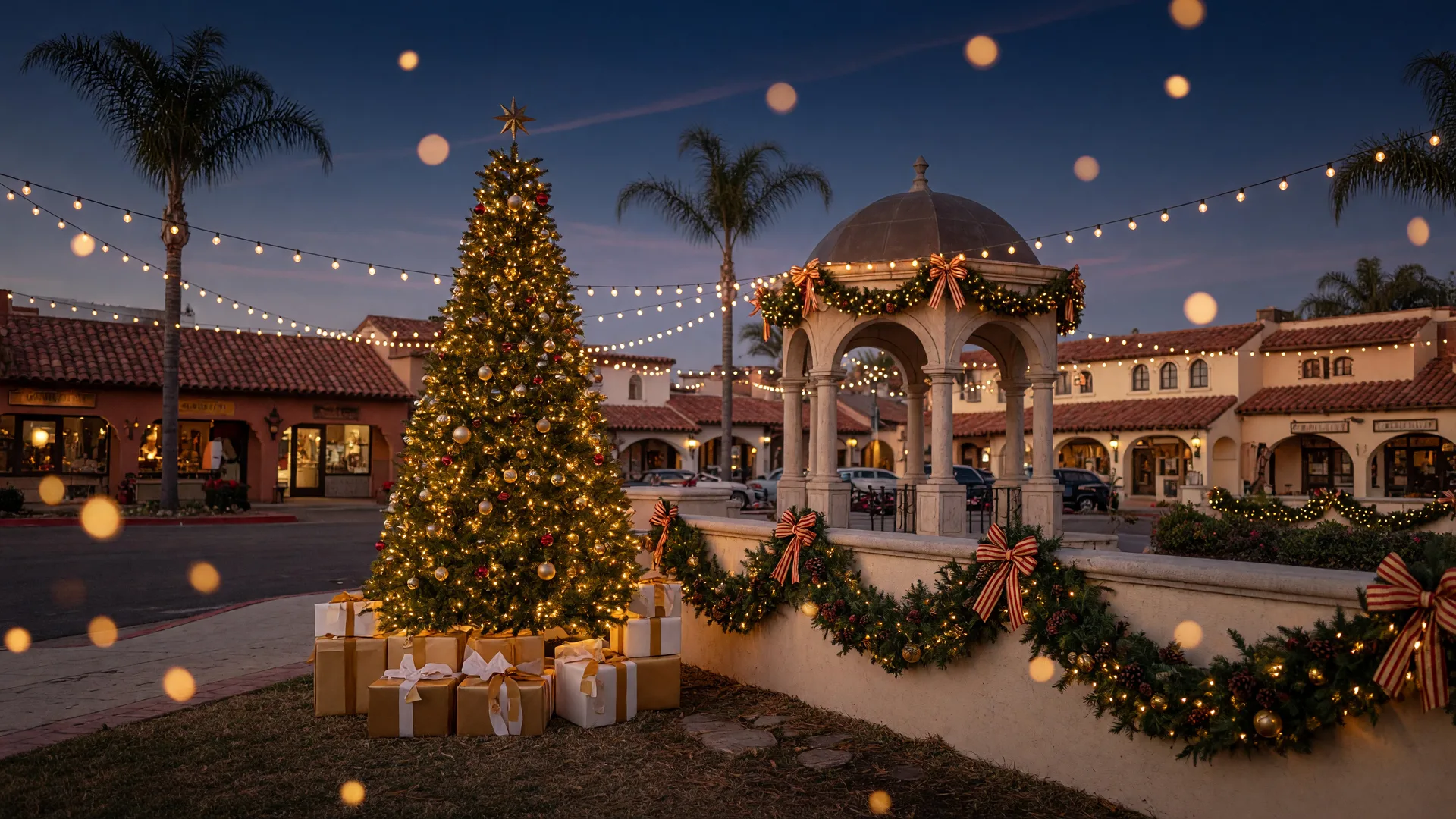 Festive Christmas tree glowing beside a stone gazebo in a Southern California town square at twilight, with warm string lights over tile-roofed storefronts and palm trees against a navy dusk sky