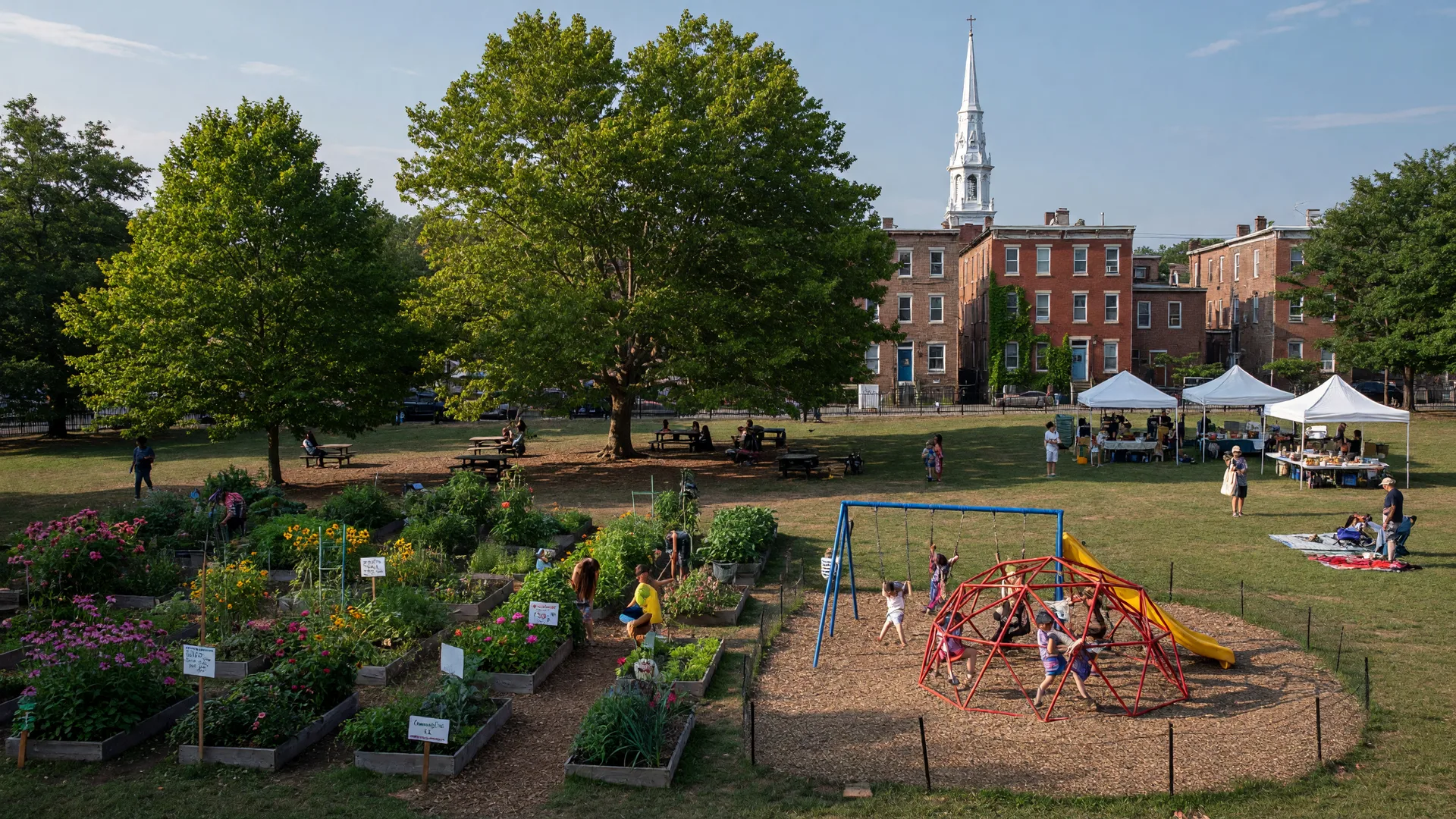 Liberty Lands Park in Northern Liberties, Philadelphia with community garden, playground, and open green space