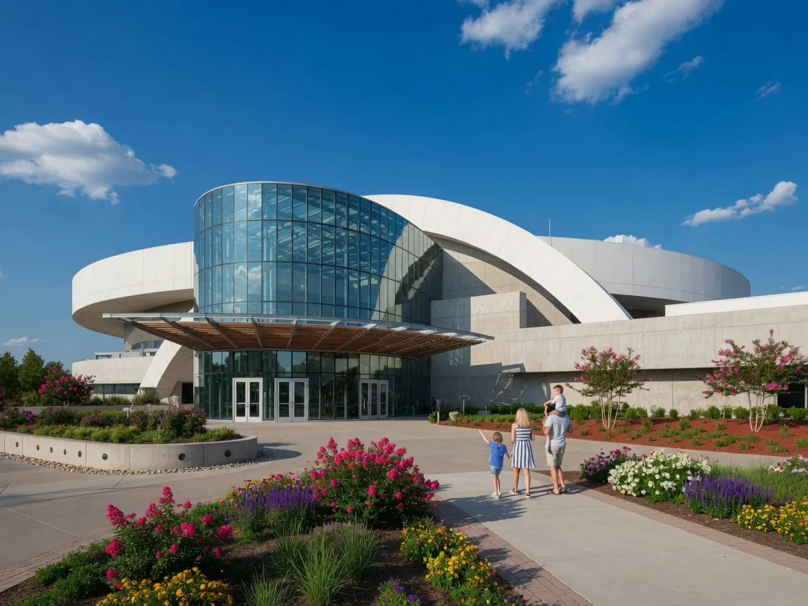 Oklahoma Aquarium in Jenks, Oklahoma with its modern glass entrance and landscaped grounds on a bright sunny day