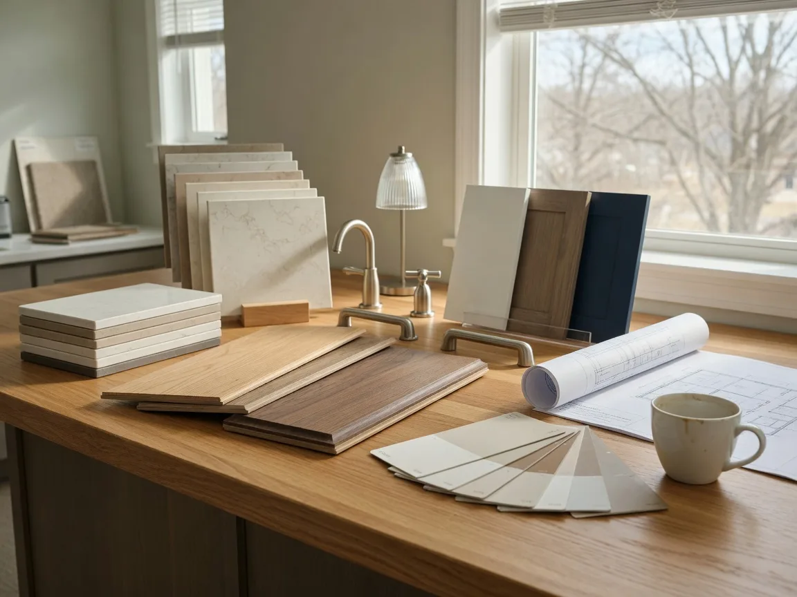 Builder design center counter in Northwest Indiana with quartz countertop swatches, wood flooring planks, cabinet finishes, brushed nickel fixtures, paint chips, and a rolled floor plan blueprint beside a coffee cup