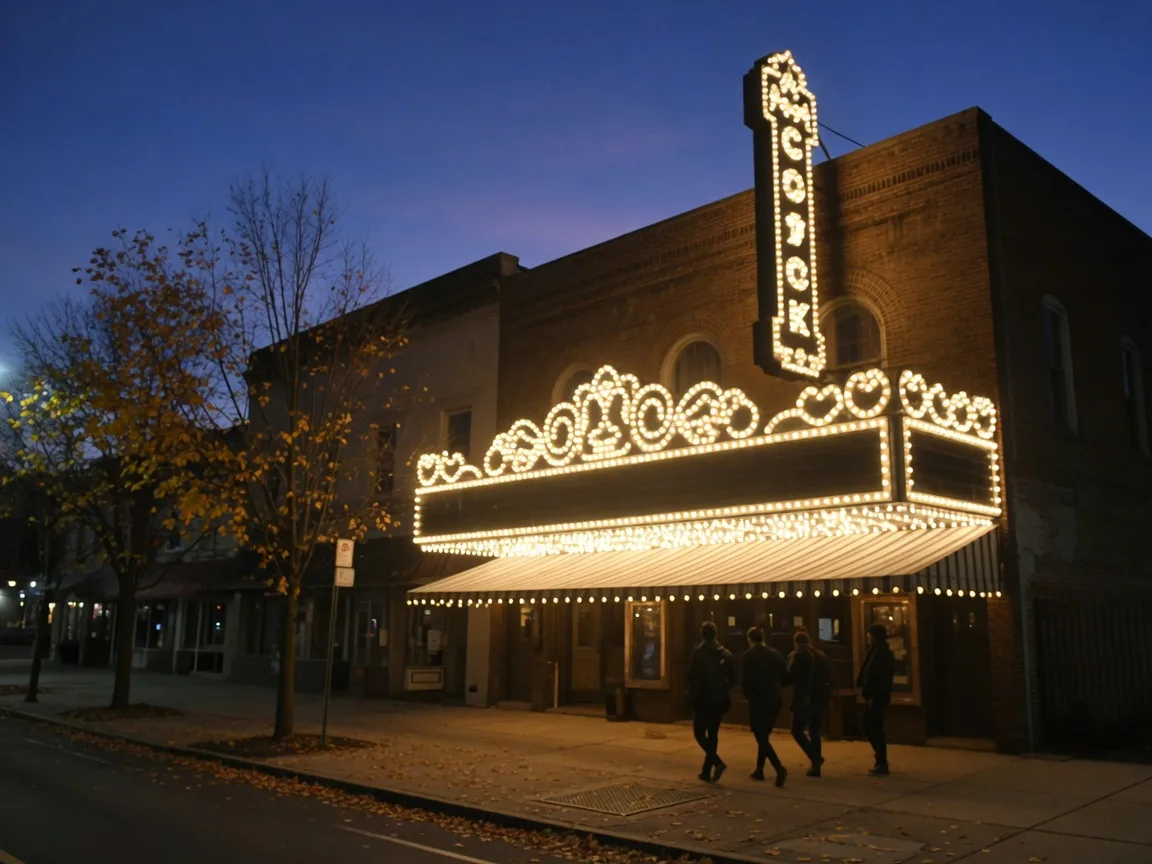 The historic Keswick Theatre marquee glowing warm against a deep blue October dusk on a tree-lined Glenside street, autumn leaves on the sidewalk, a few concert-goers as distant silhouettes beneath the canopy