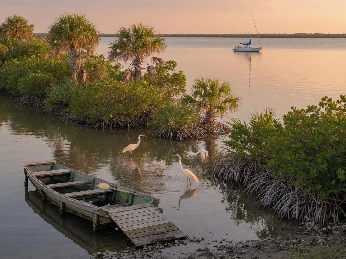 A wooden kayak launch on the Indian River Lagoon in Vero Beach at late afternoon, with a palm-lined mangrove shoreline and egrets wading in warm light.