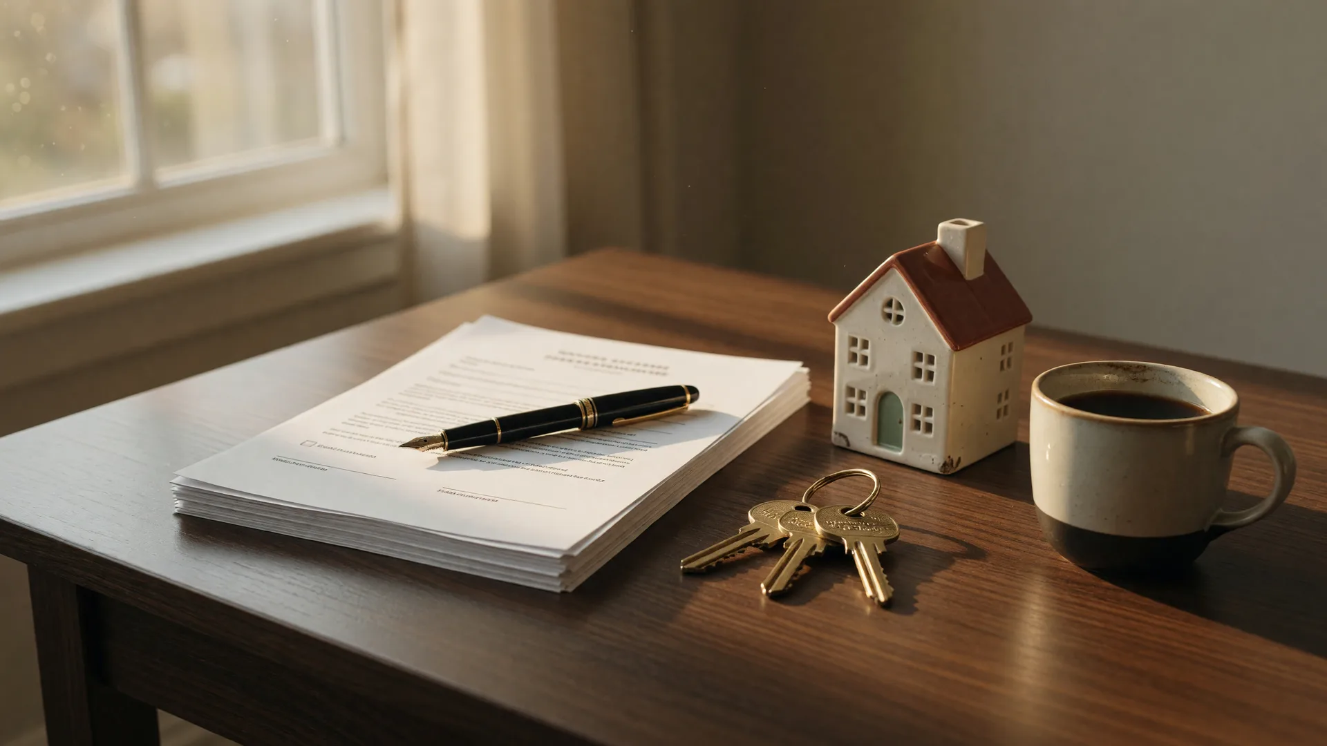 A fountain pen resting on a blank purchase agreement beside brass front door keys on a dark walnut desk in soft golden light