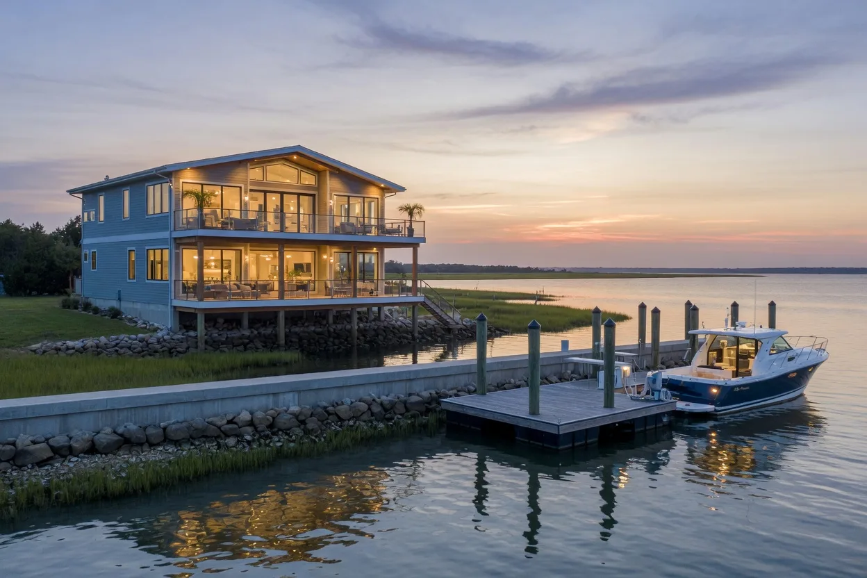 An elevated luxury coastal Delaware home with water views
