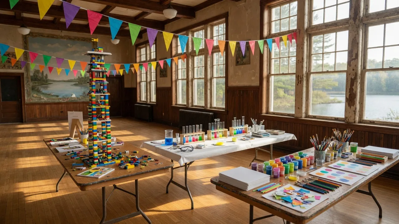 A bright community center hall set up for a hands-on science and arts festival