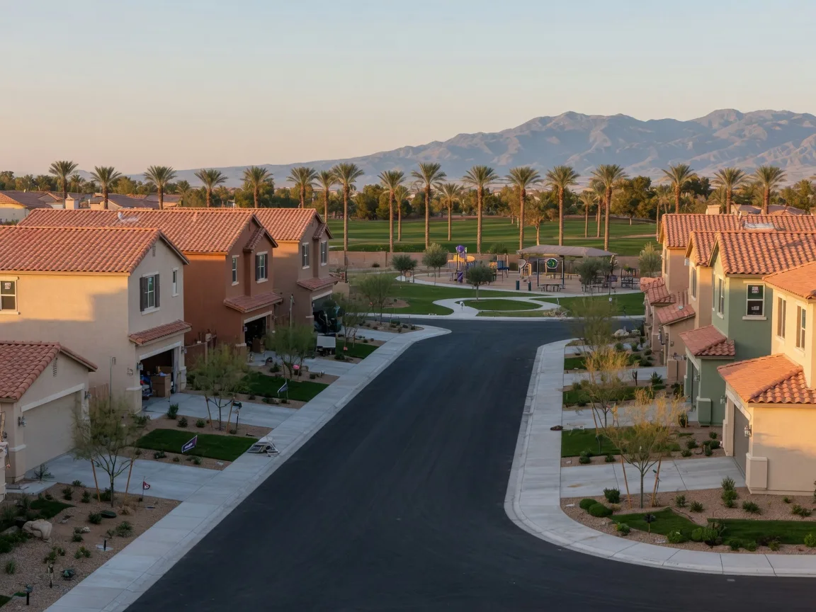 A quiet late-afternoon street in a nearly finished Southwest Las Vegas master plan with new stucco homes, young trees, a neighborhood park, and desert mountains beyond