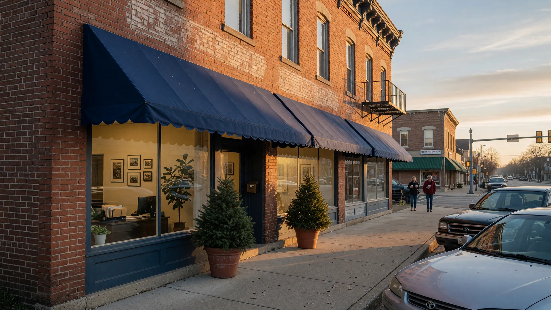 A two-story historic brick independent real estate brokerage office on the main street of a Midwestern Ohio town in warm early morning light with glowing storefront windows