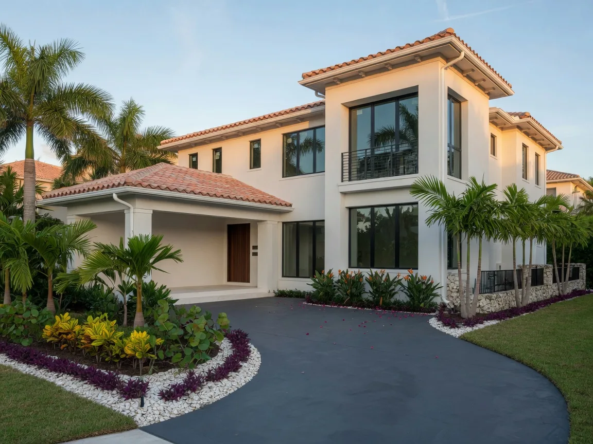 New construction luxury home in Delray Beach with modern architecture, impact windows, and tropical landscaping