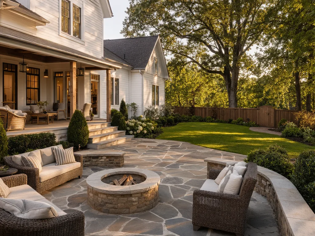 Backyard patio with stone fire pit and wicker seating in Westhaven, Franklin TN