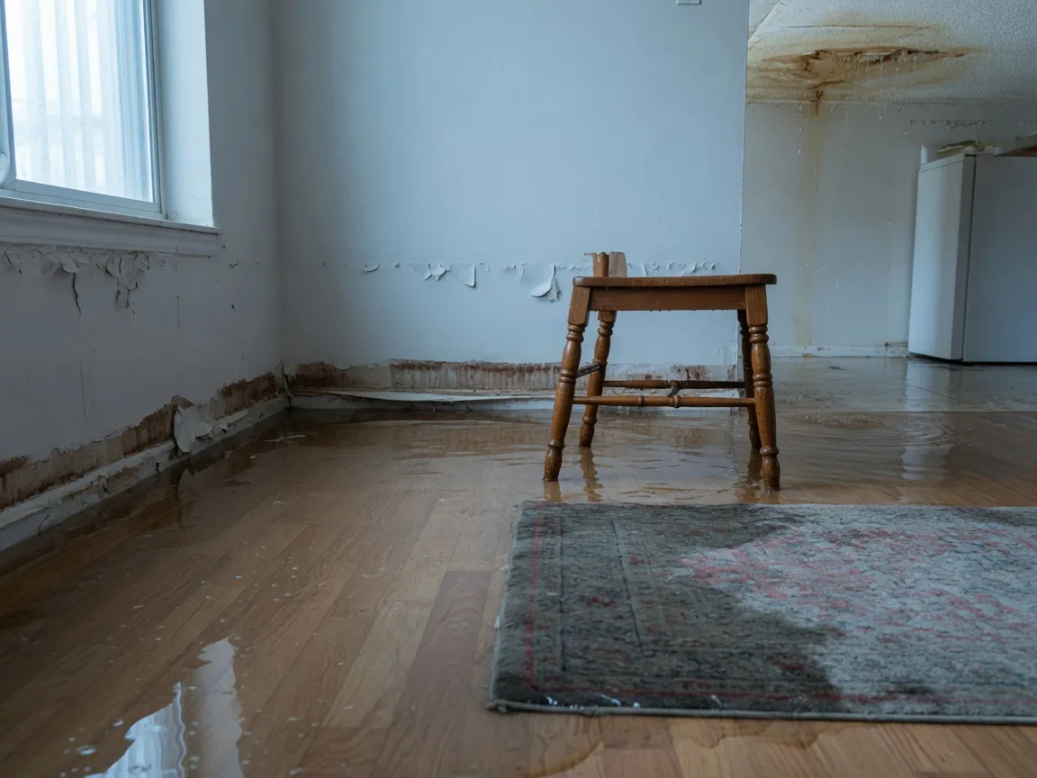Flooded apartment living room with standing water and wet drywall in Illinois