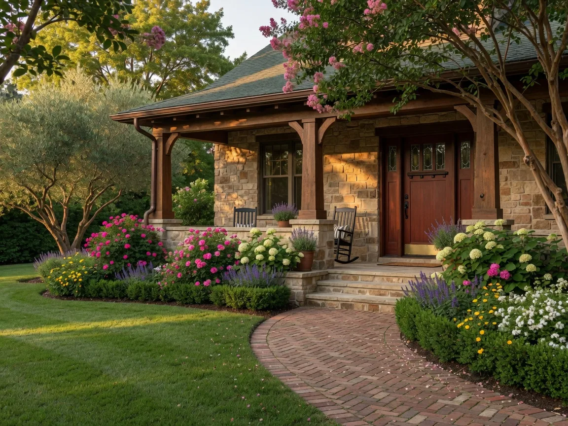 Villa or patio home exterior with stone facade, covered porch, and mature landscaping