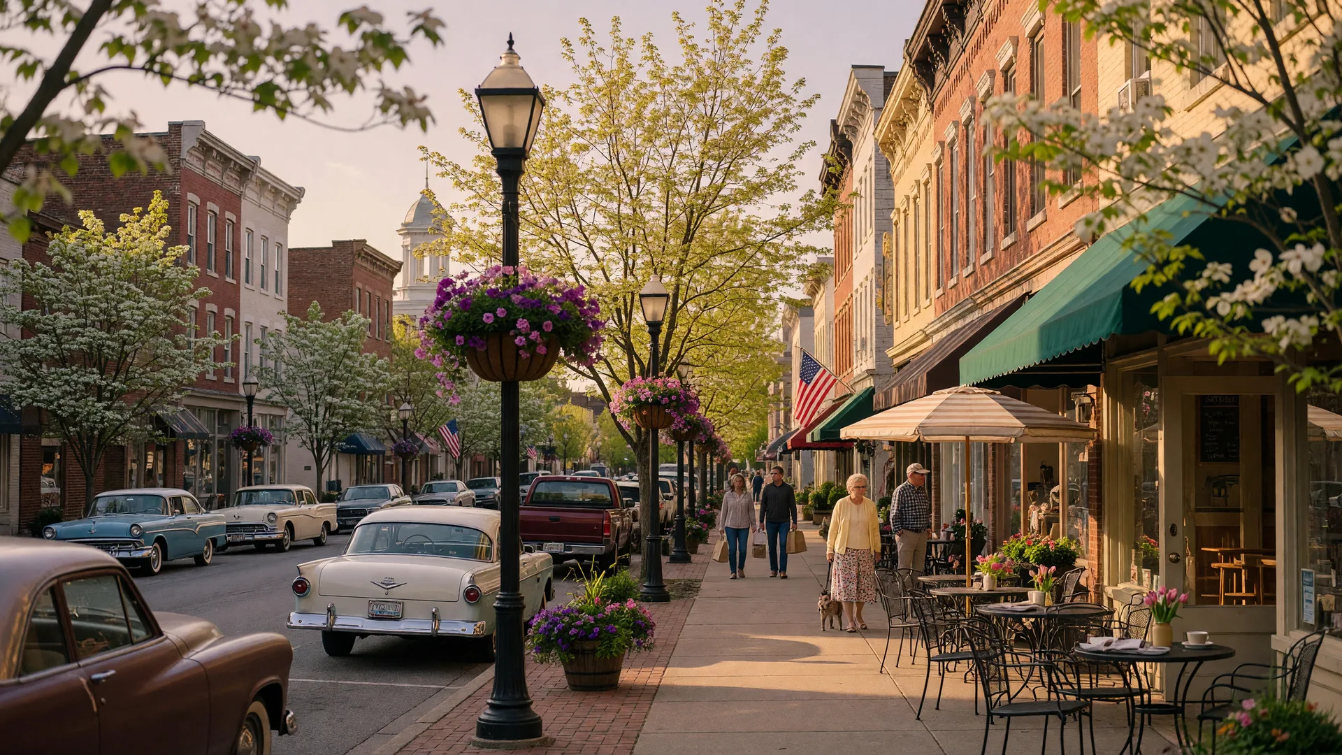 Charming small-town Kentucky main street with brick storefronts and outdoor cafÃÂ© seating