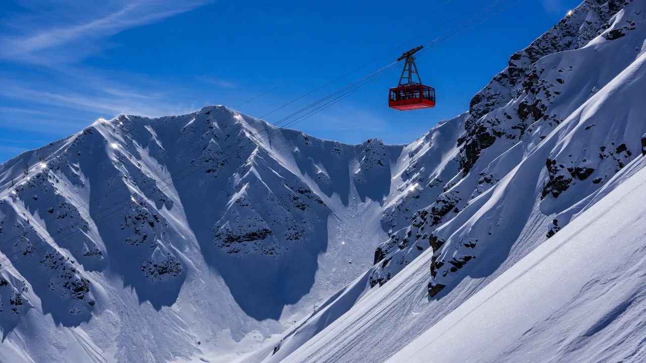 A red aerial tram car climbing above steep snow-covered ridgelines and chutes against a brilliant blue sky