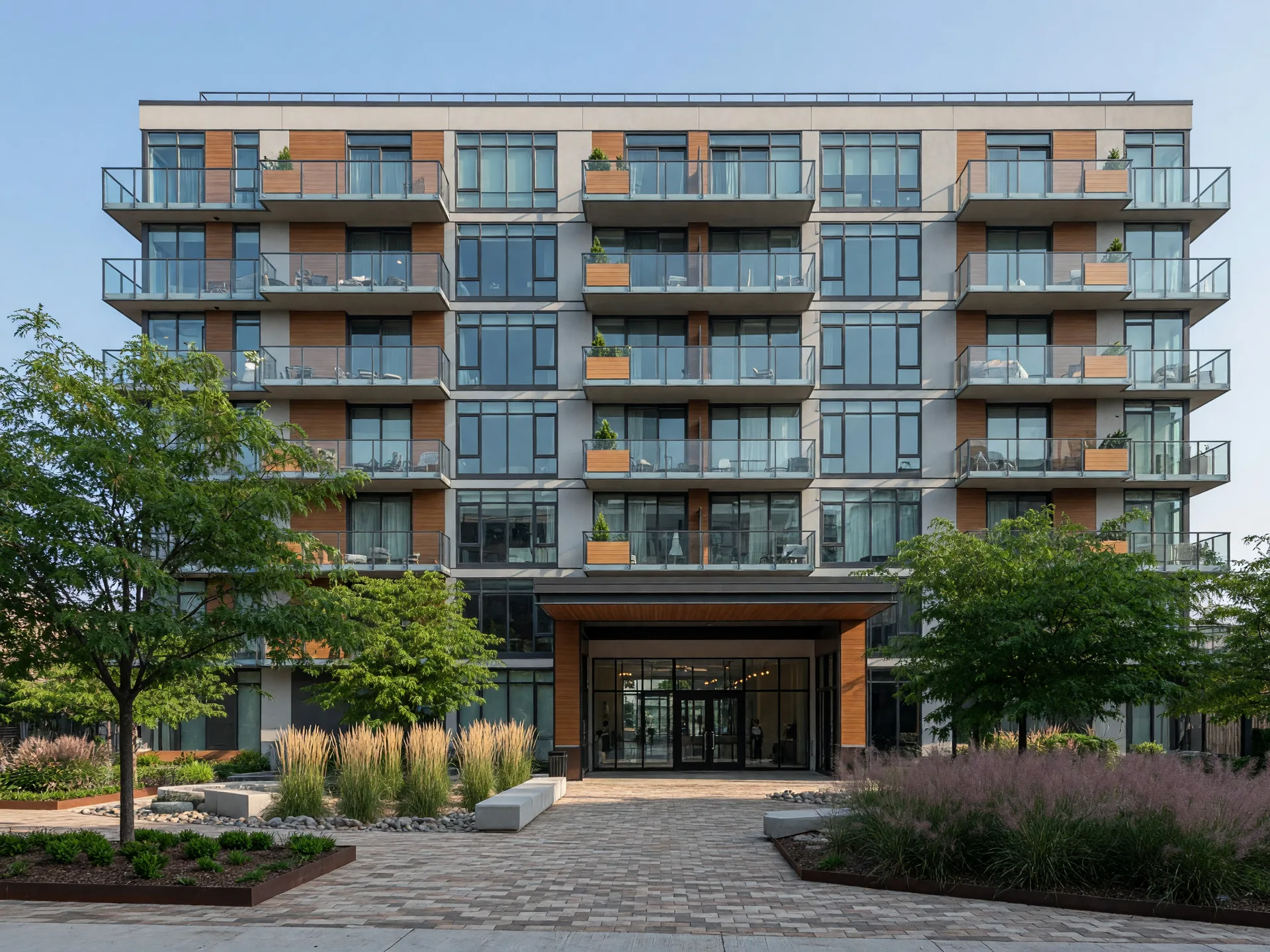 A modern mid-rise condominium building with glass balconies and a landscaped entry