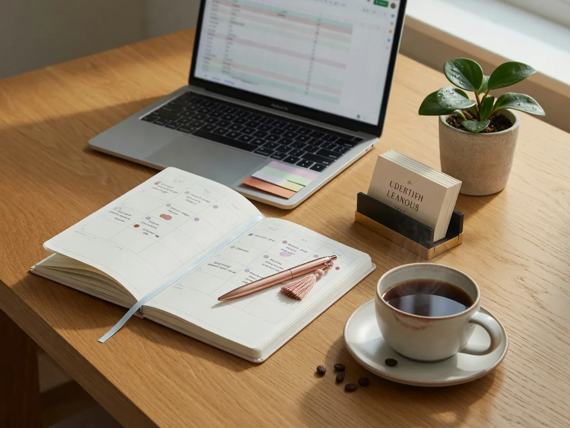 A doula business workspace with a planner, laptop, and business cards on a warm oak desk