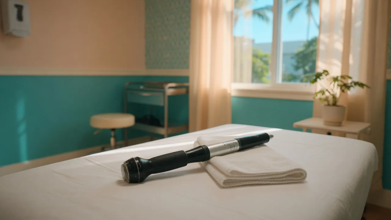 A shockwave therapy hand-piece resting on a clean treatment bed in a sunlit Honolulu clinic room