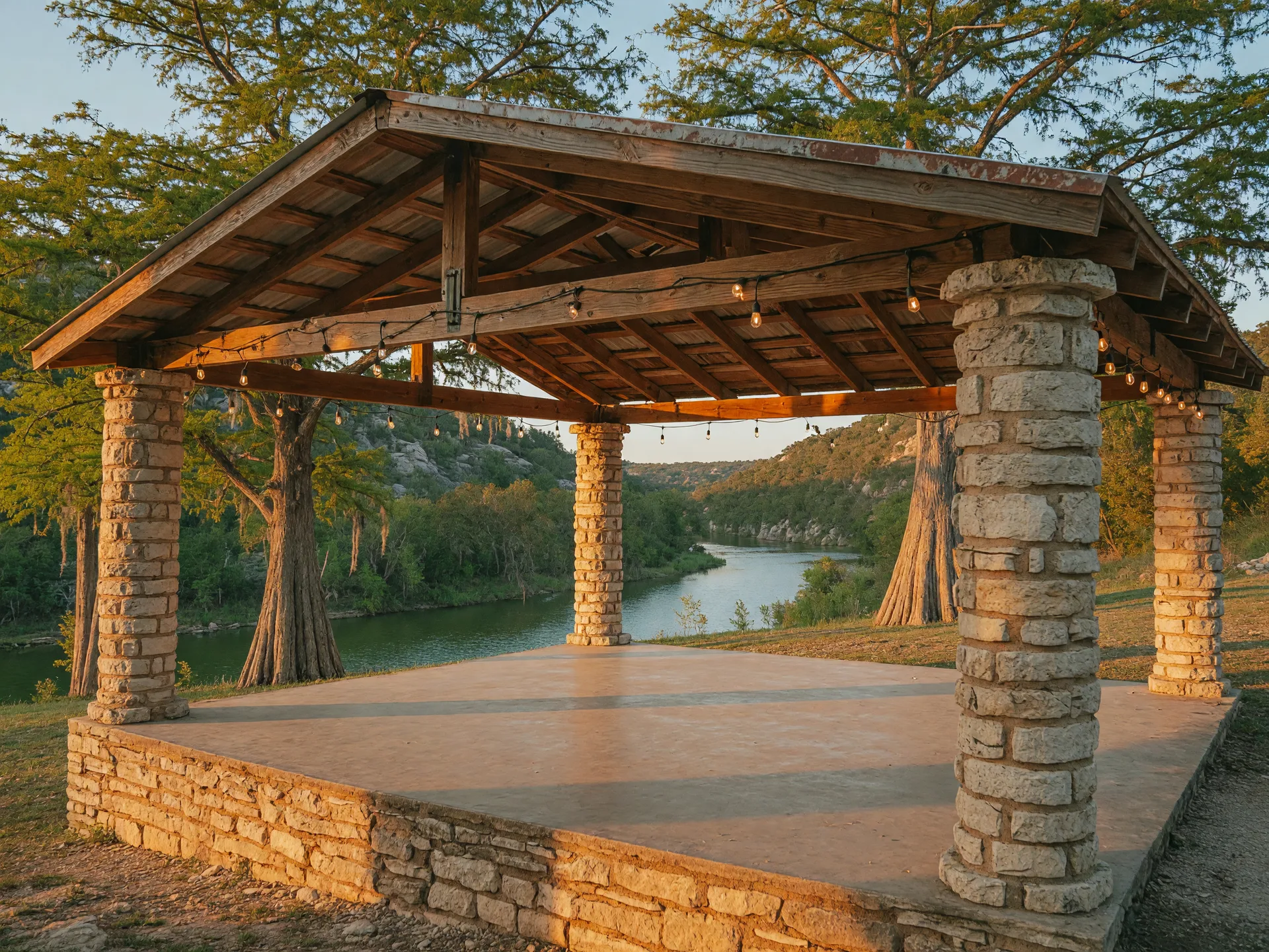 Historic limestone dance pavilion with timber roof and stone columns at Garner State Park, looking across the dance floor toward cypress trees