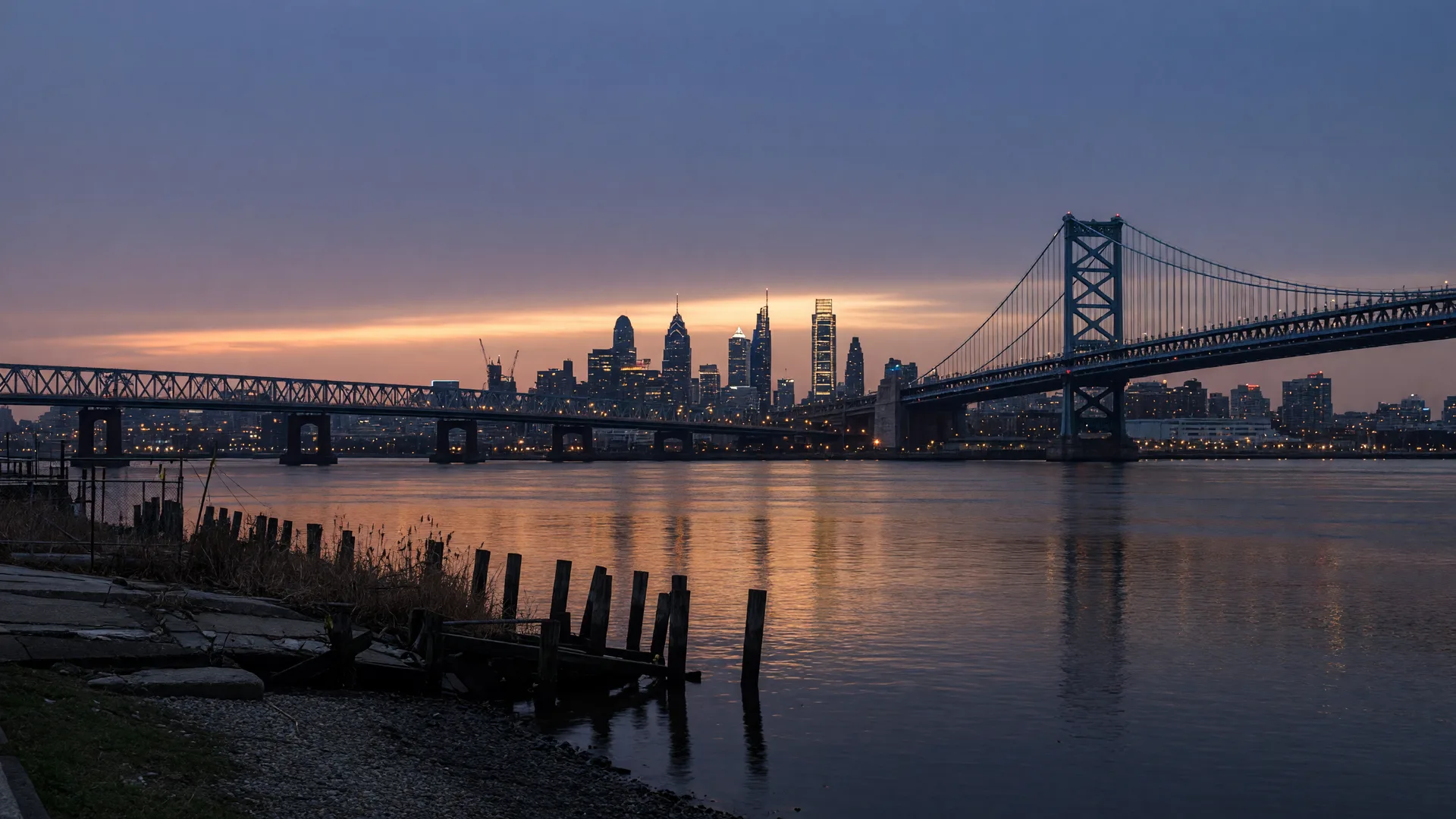 Delaware River bridges connecting Philadelphia to points beyond at dusk