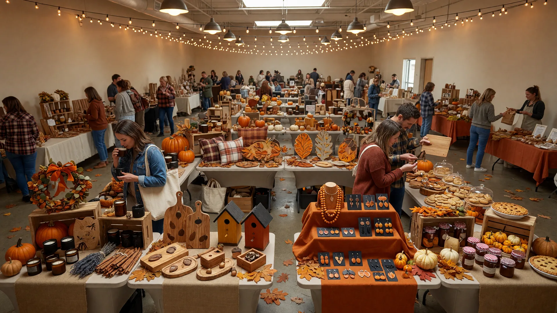 Indoor craft and vendor show with rows of booths displaying candles, wood crafts, jewelry, and fall decor