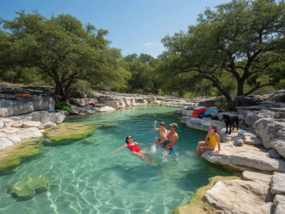 Crystal clear Hill Country swimming hole with turquoise water, limestone rocks, and live oaks — a family enjoying the water on a bright summer day