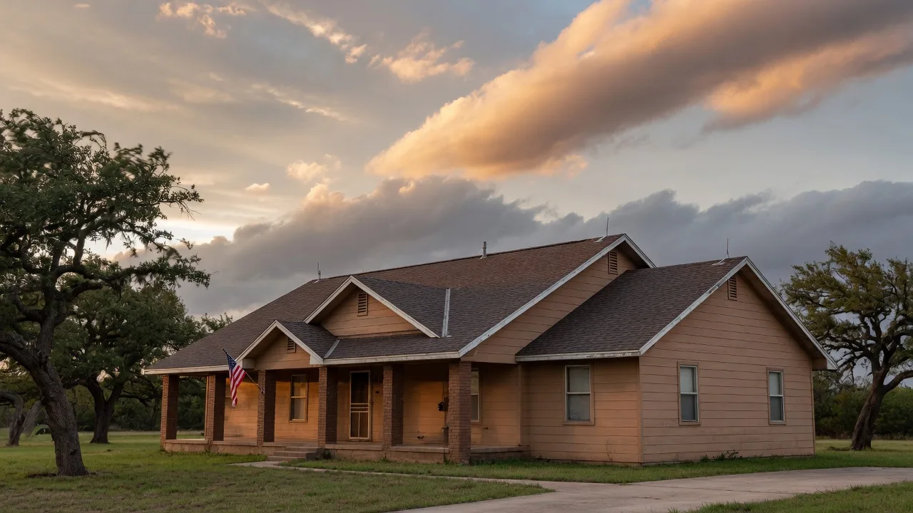 A Texas ranch home's gabled shingle roof and wind-leaning live oaks under a dramatic late-afternoon sky, the roofline a wind mitigation inspection would document
